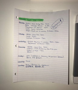 A sheet of notebook paper shows an example of author Libby McCusker's weekly time management strategy. 