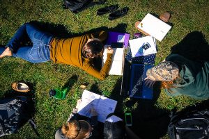 A photo from above of students using notebooks and laptops to study outdoors on the grass. 