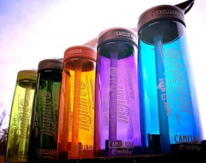 Colorful Camelbak water bottles, given as prizes at Ignitefest 2017