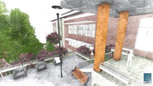 A rendering of a building with brown pillars a patio and green trees 