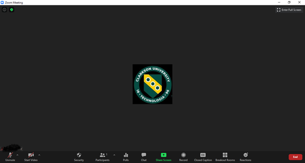 Screenshot of a Zoom Meeting example with the Clarkson logo in the middle.