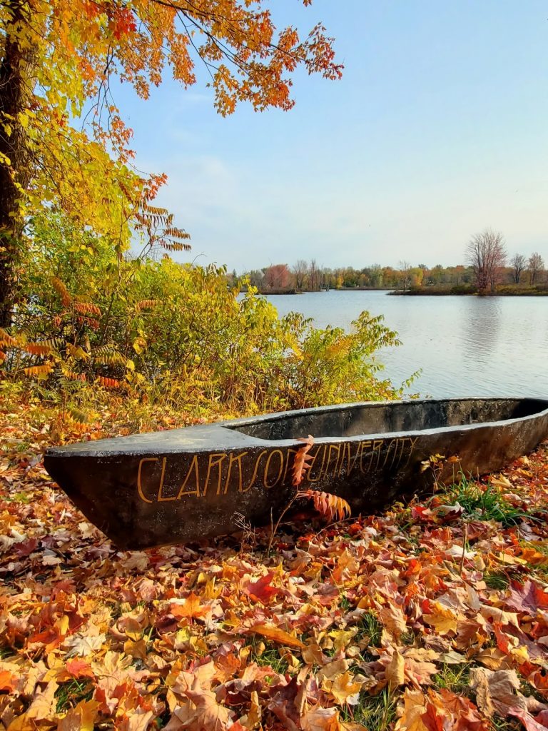 A canoe that says "Clarkson University" sitting in a pile of orange leaves next to the river.