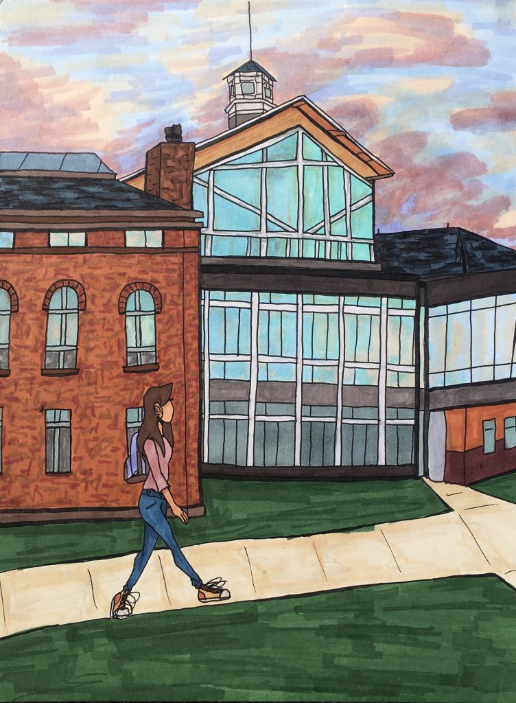 A drawing done by the author of a student walking past the Clarkson Student Center building