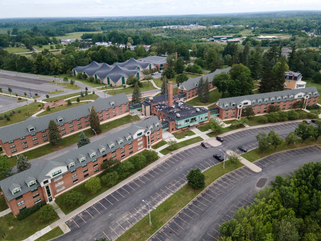 Aerial view of the freshman quad, the IRC and Holcroft House at Clarkson University