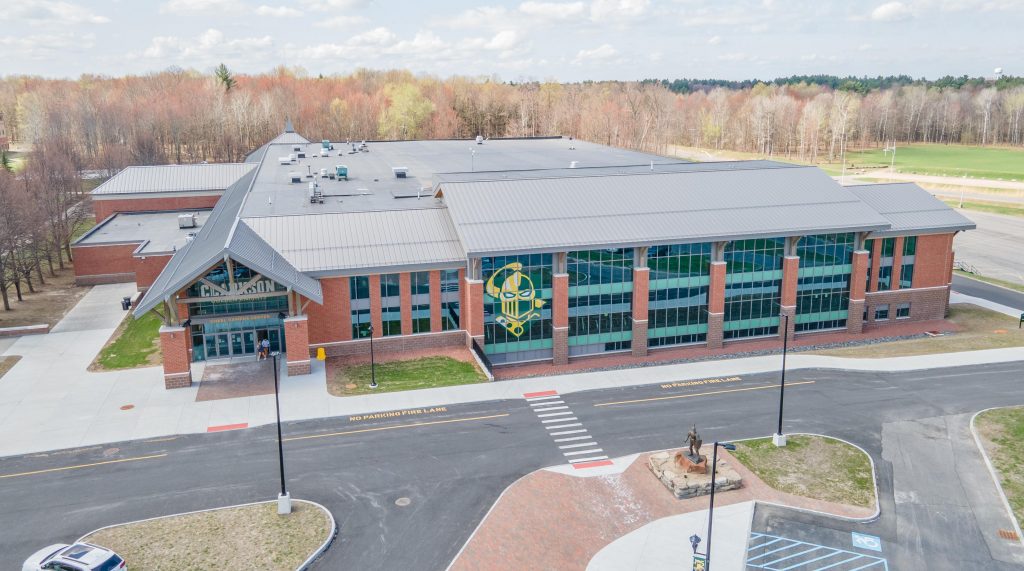 Aerial view of Cheel Arena and the Golden Knight Statue 