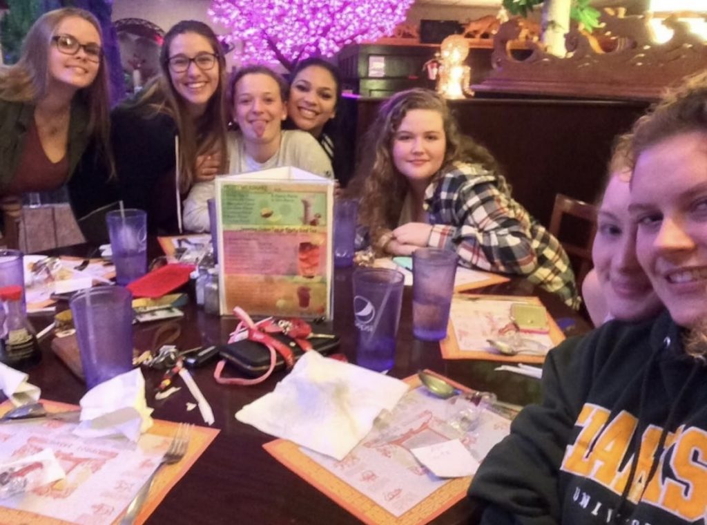 Megan and her friends from her floor having a dinner date at the local buffet
