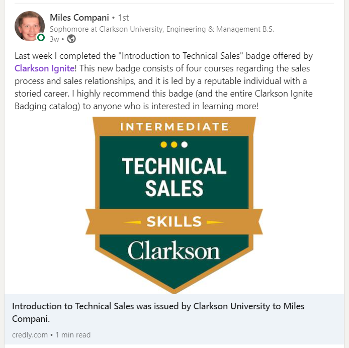 Screenshot of a Facebook post showing Miles Compani sharing his badge having recently completed his 'Introduction to technical sales'