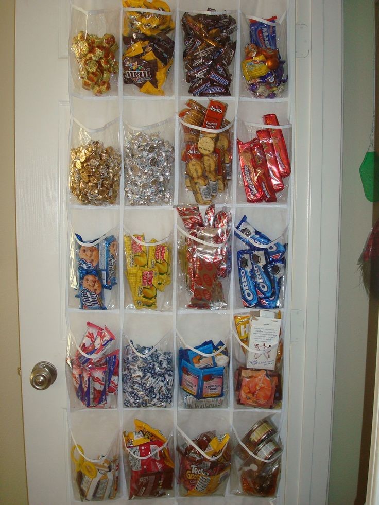 A shoe organizer with different candy’s hanging over a white door