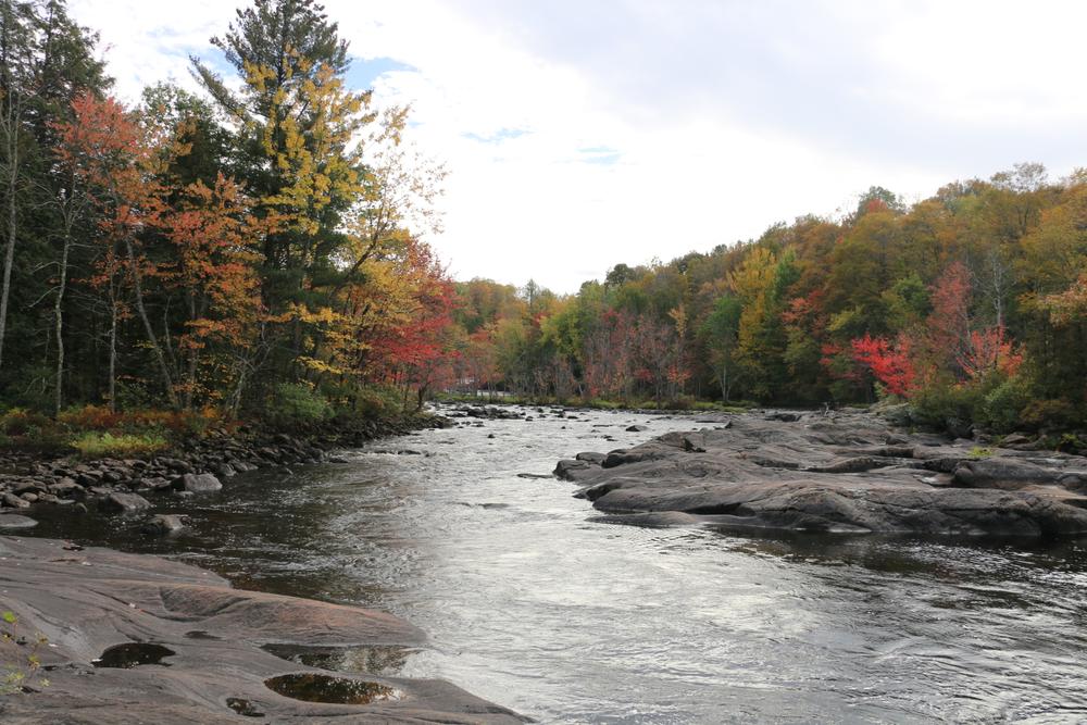 A river winds through several rock outcroppings, bordered by trees covered in multicolored leaves in autumn. 