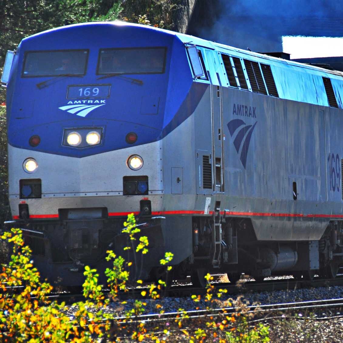 A silver and blue Amtrak train on the tracks during the Fall season. Amtrak offers comfortable northbound service to international students traveling from New York City.