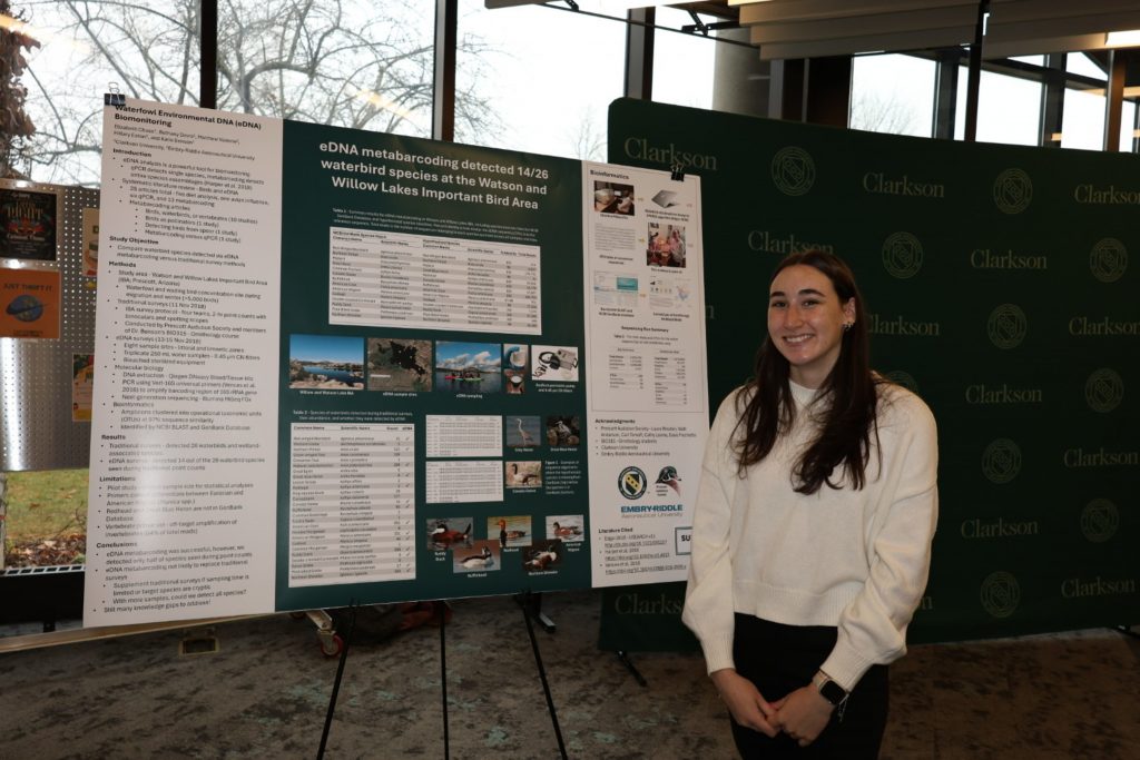 Elizabeth Chase presents her environmental DNA research poster on waterbird species monitoring at Clarkson University’s science expo.