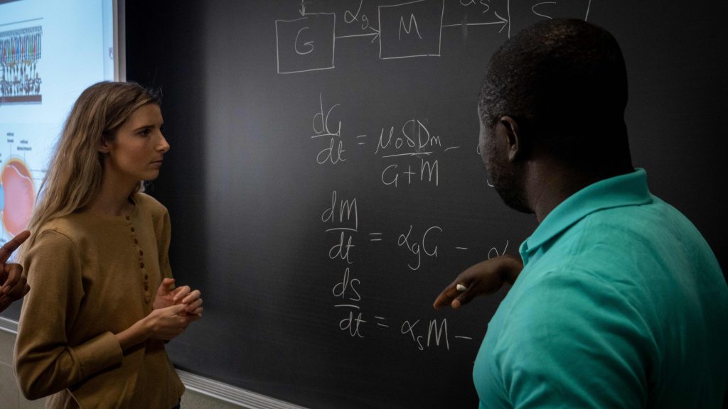 Clarkson student and professor discussing equations written on a chalkboard during a math and computer science class.
