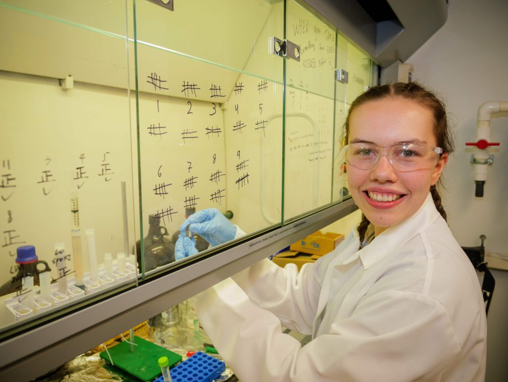 Abby Jeffers pictured in a lab coat and gloves smiles while writing on a glass board displaying tally marks and charts. The setting is a laboratory, conveying focus and enthusiasm.