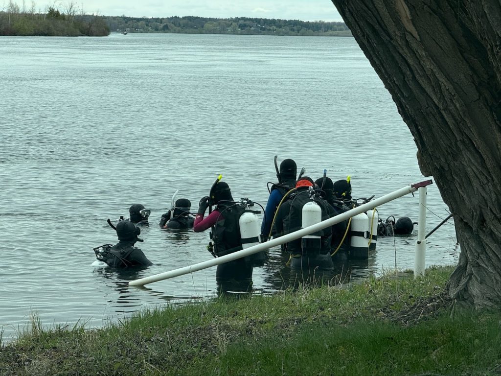 A group of people, wearing scuba gear, descend into a river via a staircase.
