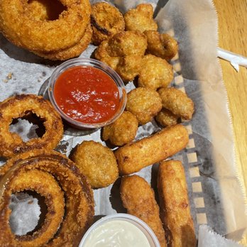 Onion rings, tater tots, and mozzerella sticks.