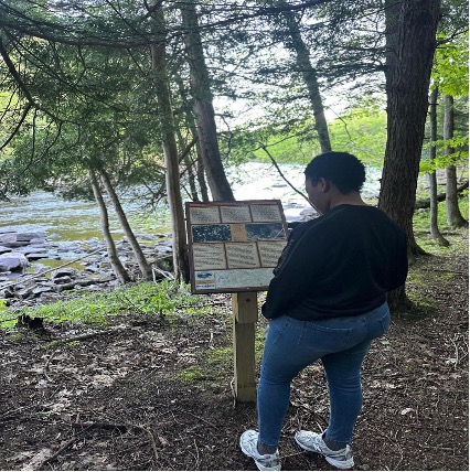 This is an image of a young college student who is stopping to read a sign on a hiking trail in the woods.